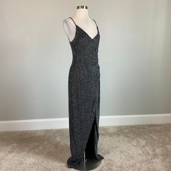 Betsy & Adam Black Metallic Column Gown Size 12 Sleeveless Thigh Slit Formal - Picture 3 of 12
